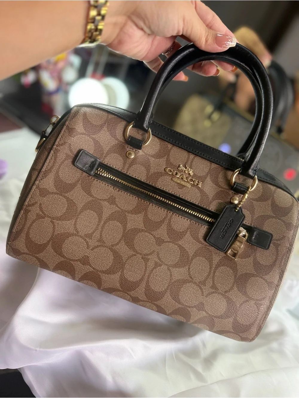 Coach Brown Signature Canvas Satchel with Black Trim